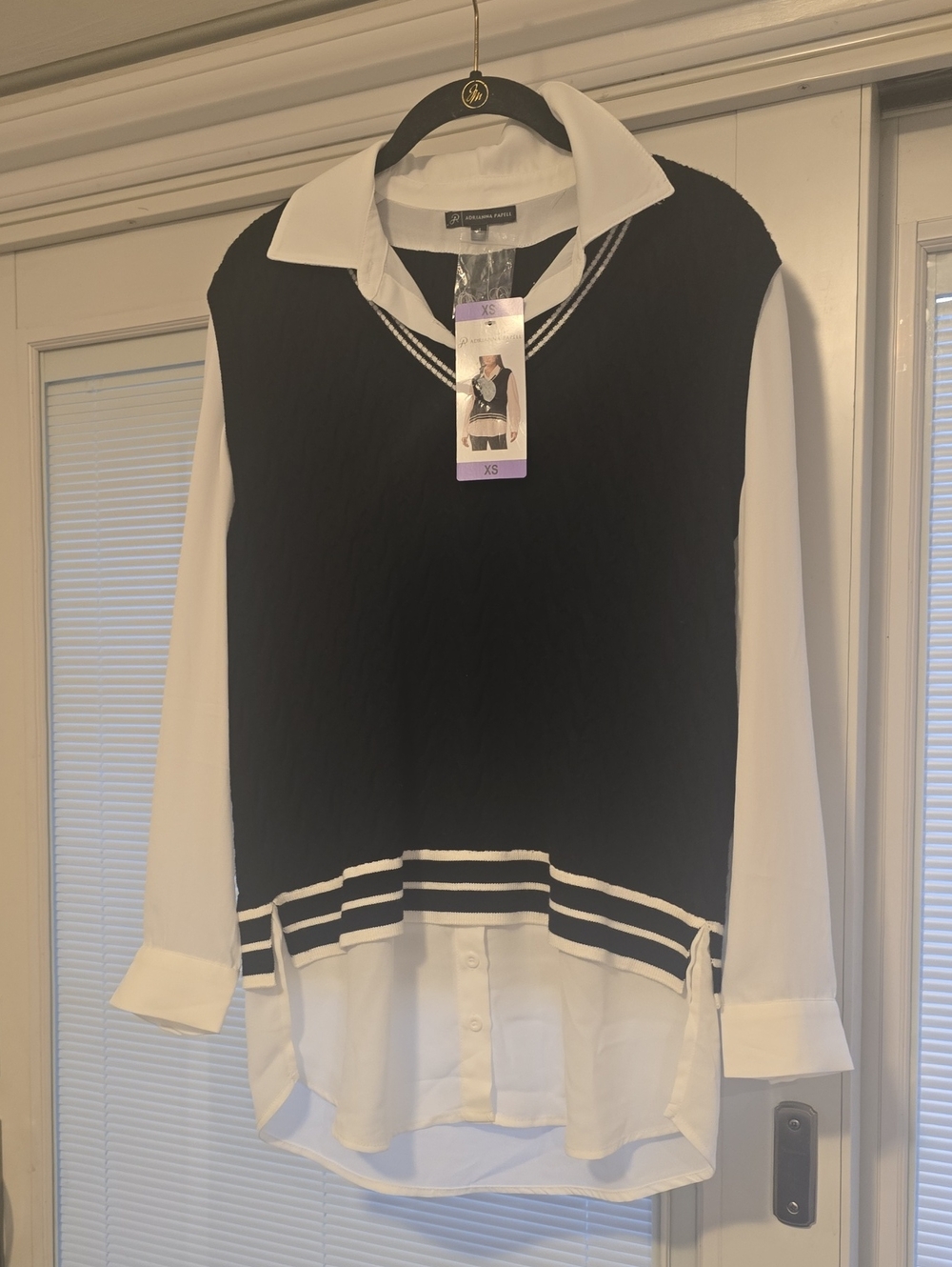 ADRIANNA PAPELL Layered Black & White Sweater Vest Blouse